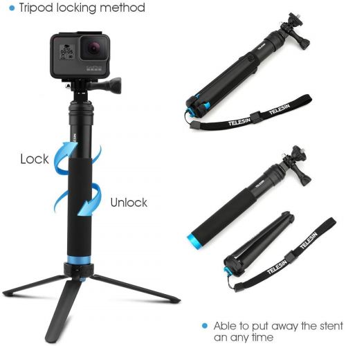  [아마존베스트]Telesin 6-in-1 Aluminium Alloy Handheld Expandable Bag Purse Size Monopod Selfie Stick with Tripod Mount & Phone Clip for Apple, Android Smartphones, Gopro Camera