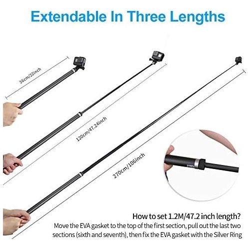  [아마존베스트]TELESIN Ultra langer Selfie-Stick fuer GoPro Hero, DJI OSMO Action-Kamera, ausziehbar auf 3 Langen, 55,9 cm, 119,9 cm, 269,2 cm, Kohlefaser, leichtes Einbeinstativ