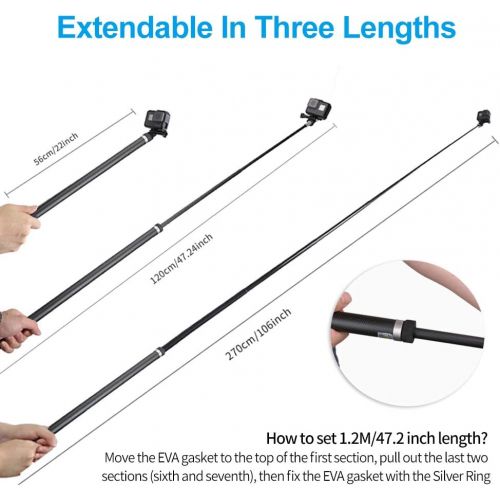  [아마존베스트]TELESIN Ultra langer Selfie-Stick fuer GoPro Hero, DJI OSMO Action-Kamera, ausziehbar auf 3 Langen, 55,9 cm, 119,9 cm, 269,2 cm, Kohlefaser, leichtes Einbeinstativ