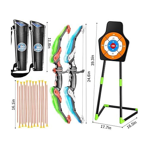  TEMI 2 Pack Archery Set - Includes 2 Bows, 20 Suction Cup Arrows & 2 Quivers & Standing Target, Outdoor Light Up Toys for Kids Boys Girls