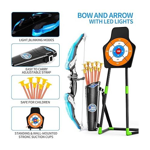  TEMI 2 Pack Archery Set - Includes 2 Bows, 20 Suction Cup Arrows & 2 Quivers & Standing Target, Outdoor Light Up Toys for Kids Boys Girls