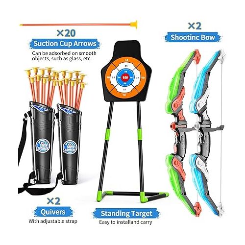  TEMI 2 Pack Archery Set - Includes 2 Bows, 20 Suction Cup Arrows & 2 Quivers & Standing Target, Outdoor Light Up Toys for Kids Boys Girls