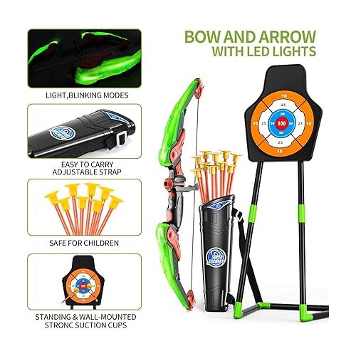  TEMI Bow and Arrow Set for Kids with LED Lights-Archery Set with 10 Suction Cup Arrows, Quivers & Standing Target, Outdoor Toys for Kids Boys & Girls Ages 3-12 Years Old