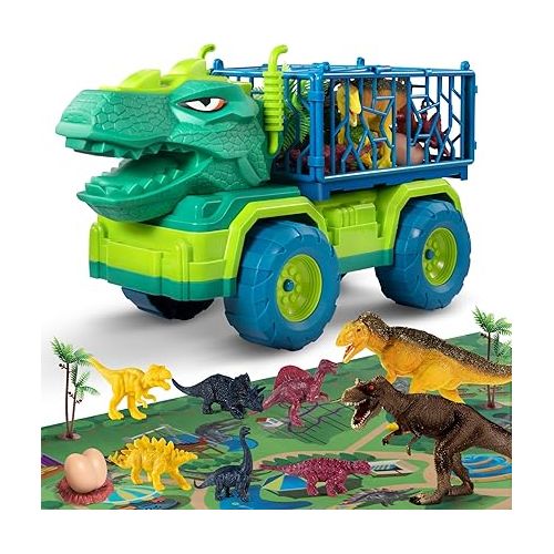  TEMI Dinosaur Truck Toys for Kids 3-5 Years, Tyrannosaurus Transport Car Carrier Truck with 8 Dino Figures, Activity Play Mat, Dinosaur Eggs, Trees, Capture Jurassic Play Set for Boys and Girls