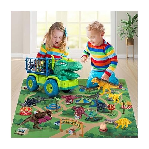  TEMI Dinosaur Truck Toys for Kids 3-5 Years, Tyrannosaurus Transport Car Carrier Truck with 8 Dino Figures, Activity Play Mat, Dinosaur Eggs, Trees, Capture Jurassic Play Set for Boys and Girls