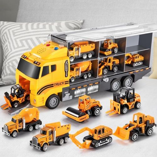  TEMI Toddler Toys for 3 4 5 6 Years Old Boys, Die-cast Construction Toys Car Carrier Vehicle Toy Set w/Play Mat, Kids Toys Truck Alloy Metal Car Toys Set for Age 3-9 Toddlers Kids Boys & Girls