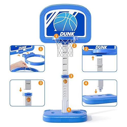  TEMI Swimming Pool Basketball Hoop, Adjustable Poolside Hoops with 4 Balls and Pump, Indoor Outdoor Basketball Game for Toddler Kids, Summer Swimming Pool Water Game Gifts for Kids Boys Girls