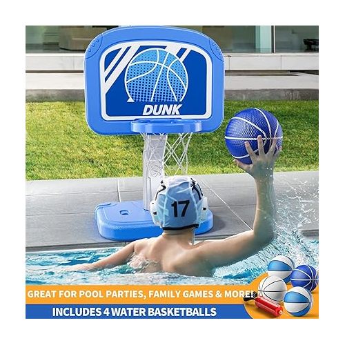  TEMI Swimming Pool Basketball Hoop, Adjustable Poolside Hoops with 4 Balls and Pump, Indoor Outdoor Basketball Game for Toddler Kids, Summer Swimming Pool Water Game Gifts for Kids Boys Girls