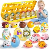 TEMI Easter Eggs Animal Cars Toys for 3 4 5 Year Old Girls Boys - 12 Eggs with Pull Back Cars Fillers and Box for Toddler, Toy Vehicles for Kids 3-12 Year Old, Educational Boy Toys Easter Age 3-5 5-7