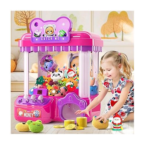  TEMI Claw Machine Toys for 3 4 5 6 7 8 Girls - Electronic Arcade Game Indoor Girls Toys Age 6-8, Candy Prize Dispenser Vending Machine Toys w/ 20 Plush, 4 Christmas Toys, Birthday Gift for Boys Kids