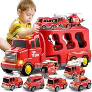 TEMI Toddler Truck Boy Toys for Kids 3-5 Years - 7 Pack Friction Power Vehicle Car Toy for Toddlers 1-3, Carrier Truck Toys for 3 4 5 6 Years Old Boys Girl, Christmas Birthday Gifts for Age 3-9