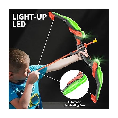  TEMI Bow and Arrow for 3 4 5 6 7 8 9 10 Year Old Kids Boys, LED Light Up Archery Toy with 10 Suction Cup Arrows, 4 Target & Quiver, Indoor Outdoor Activity Toys, Birthday Gift Toys for Kids Boys Girls