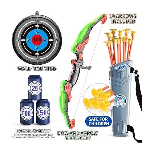  TEMI Bow and Arrow for 3 4 5 6 7 8 9 10 Year Old Kids Boys, LED Light Up Archery Toy with 10 Suction Cup Arrows, 4 Target & Quiver, Indoor Outdoor Activity Toys, Birthday Gift Toys for Kids Boys Girls