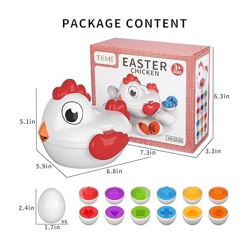  TEMI Toddler Chicken Easter Eggs Toys - Color Matching Game Shape Sorter with 6 Toy Eggs for Kids, Fine Motor Skills Sensory Toys, Montessori Educational Gifts for 3 4 5 6 Girls Boys Baby