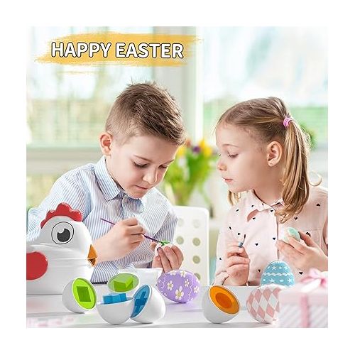  TEMI Toddler Chicken Easter Eggs Toys - Color Matching Game Shape Sorter with 6 Toy Eggs for Kids, Fine Motor Skills Sensory Toys, Montessori Educational Gifts for 3 4 5 6 Girls Boys Baby