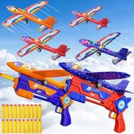 TEMI 4 Pack Airplane Launcher Toys for 3 4 5 6 7 Boys - 2 Flight Modes LED Foam Glider Catapult Plane for Boys Toys Age 6-8, Outdoor Flying Toys for 4 5 6 Year Old Boy Girl Birthday Gift