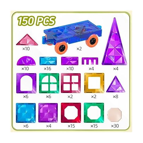  TEMI Magnetic Tiles,Building Blocks, Magnets Building Set, STEM & Learning & Education Toys Christmas Toy Gift for Ages 3 4 5 6 7 8+ Year Old Toddler Kids Boys and Girls (Magnetic Tiles-150pcs)