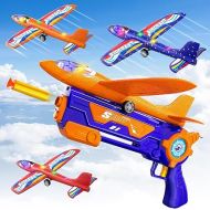 TEMI 3 Pack Airplane Launcher Toys for 3 4 5 6 7 Boys - 2 Flight Modes LED Foam Glider Catapult Plane for Boys Toys Age 6-8, Outdoor Flying Toys for 4 5 6 Year Old Boy Girl Birthday Gift