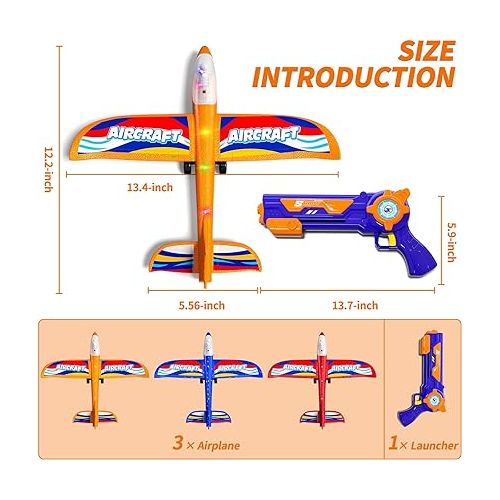  TEMI 3 Pack Airplane Launcher Toys for 3 4 5 6 7 Boys - 2 Flight Modes LED Foam Glider Catapult Plane for Boys Toys Age 6-8, Outdoor Flying Toys for 4 5 6 Year Old Boy Girl Birthday Gift