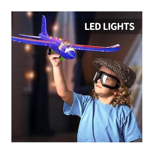  TEMI 3 Pack Airplane Launcher Toys for 3 4 5 6 7 Boys - 2 Flight Modes LED Foam Glider Catapult Plane for Boys Toys Age 6-8, Outdoor Flying Toys for 4 5 6 Year Old Boy Girl Birthday Gift