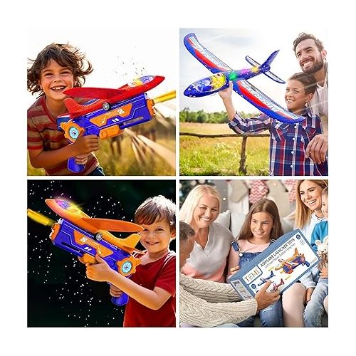  TEMI 3 Pack Airplane Launcher Toys for 3 4 5 6 7 Boys - 2 Flight Modes LED Foam Glider Catapult Plane for Boys Toys Age 6-8, Outdoor Flying Toys for 4 5 6 Year Old Boy Girl Birthday Gift