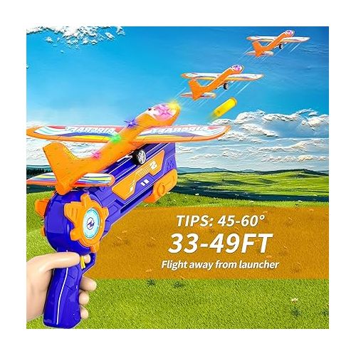  TEMI 3 Pack Airplane Launcher Toys for 3 4 5 6 7 Boys - 2 Flight Modes LED Foam Glider Catapult Plane for Boys Toys Age 6-8, Outdoor Flying Toys for 4 5 6 Year Old Boy Girl Birthday Gift