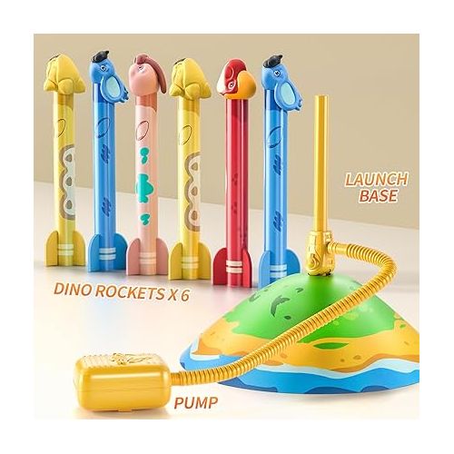  TEMI Dinosaur Rocket Launcher for Kids - 6 Dino Rockets - Launch up to 100 ft, Fun Outdoor or Indoor Kids Toy for Boys & Girls Age 3 4 5 6 7 Years Old, Dinosaur Toy, Birthday Gift for Kids Age 4-8