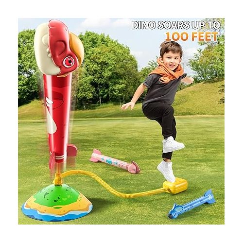  TEMI Dinosaur Rocket Launcher for Kids - 6 Dino Rockets - Launch up to 100 ft, Fun Outdoor or Indoor Kids Toy for Boys & Girls Age 3 4 5 6 7 Years Old, Dinosaur Toy, Birthday Gift for Kids Age 4-8