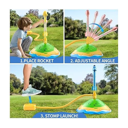  TEMI Dinosaur Rocket Launcher for Kids - 6 Dino Rockets - Launch up to 100 ft, Fun Outdoor or Indoor Kids Toy for Boys & Girls Age 3 4 5 6 7 Years Old, Dinosaur Toy, Birthday Gift for Kids Age 4-8
