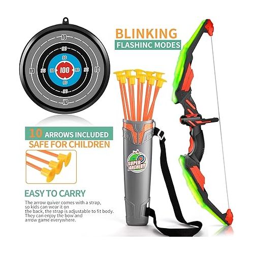  TEMI Kids Bow and Arrow Set - LED Light Up Archery Toy Set with 10 Suction Cup Arrows, Target & Quiver, Indoor and Outdoor Toys for Children Boys Girls