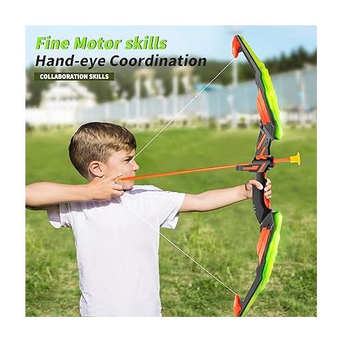  TEMI Kids Bow and Arrow Set - LED Light Up Archery Toy Set with 10 Suction Cup Arrows, Target & Quiver, Indoor and Outdoor Toys for Children Boys Girls