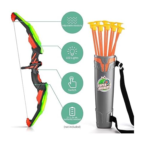  TEMI Kids Bow and Arrow Set - LED Light Up Archery Toy Set with 10 Suction Cup Arrows, Target & Quiver, Indoor and Outdoor Toys for Children Boys Girls