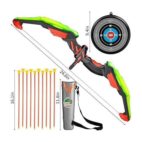  TEMI Kids Bow and Arrow Set - LED Light Up Archery Toy Set with 10 Suction Cup Arrows, Target & Quiver, Indoor and Outdoor Toys for Children Boys Girls