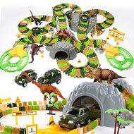 Temi 348 PCS Dinosaur Race Track Toys Set w/ 6 Jurassic Dino Figures, 2 Electric Jeep Car, Educational Twisted Flexible Train Track Playset w/ Rockery Tree Arch Bridge for Kids, Bo