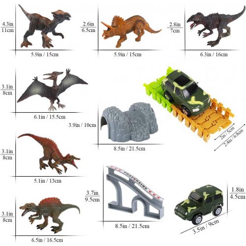  Temi 348 PCS Dinosaur Race Track Toys Set w/ 6 Jurassic Dino Figures, 2 Electric Jeep Car, Educational Twisted Flexible Train Track Playset w/ Rockery Tree Arch Bridge for Kids, Bo