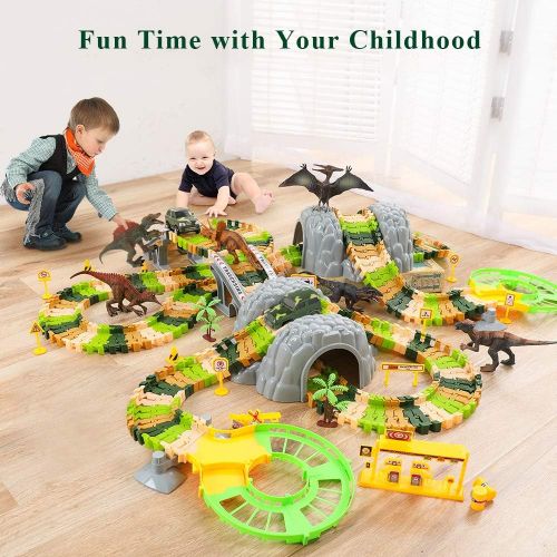  Temi 348 PCS Dinosaur Race Track Toys Set w/ 6 Jurassic Dino Figures, 2 Electric Jeep Car, Educational Twisted Flexible Train Track Playset w/ Rockery Tree Arch Bridge for Kids, Bo