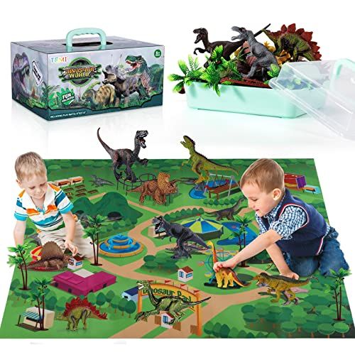  TEMI Dinosaur Toy Figure w/ Activity Play Mat & Trees, Educational Realistic Dinosaur Playset to Create a Dino World Including T-Rex, Triceratops, Velociraptor, Perfect Gifts for K