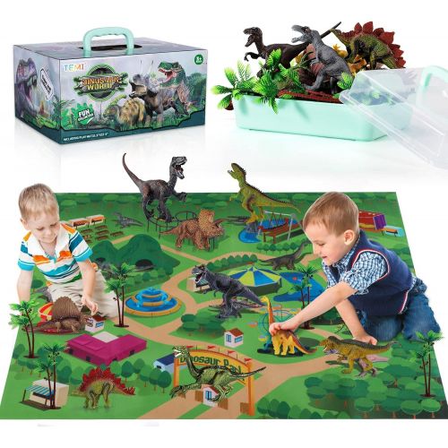  TEMI Dinosaur Toy Figure w/ Activity Play Mat & Trees, Educational Realistic Dinosaur Playset to Create a Dino World Including T-Rex, Triceratops, Velociraptor, Perfect Gifts for K