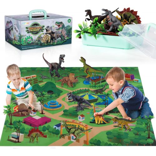  TEMI Dinosaur Toy w/ Activity Play Mat & Trees, Educational Realistic Dinosaur Figure Playset to Create a Dino World Including T Rex, Triceratops, Velociraptor, for Kids, Boys & Gi