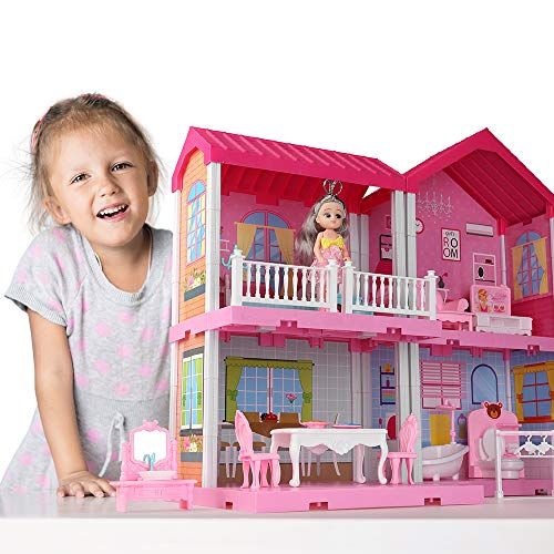  TEMI Dollhouse Dreamhouse Building Toys Figure w/ Furniture, Accessories, Pets and Dolls, DIY Cottage Pretend Play Doll House, for Toddlers, Boys & Girls(4 Rooms)