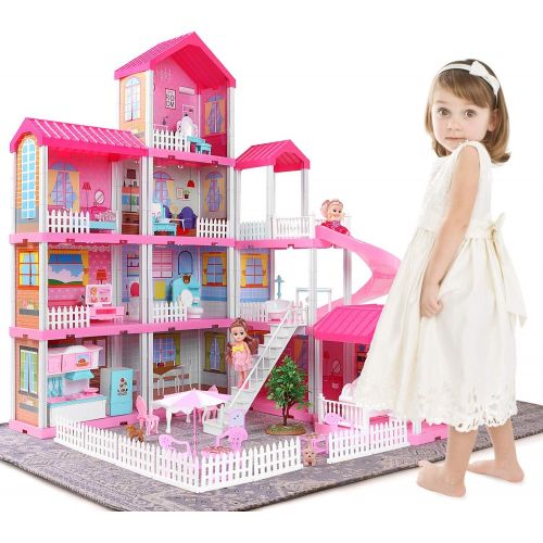  TEMI Doll House Playhouse Girl Toys - 4-Story 11 Doll House Rooms with Doll Toy Figures, Furniture and Accessories, Toddler Playhouse Christmas Birthday Gifts for 3 4 5 6 7 Year Ol