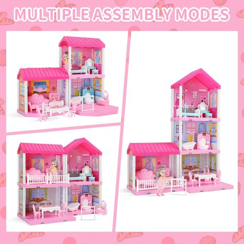  TEMI Dollhouse Dreamhouse with Dolls, DIY Cottage Pretend Play Doll House with Accessories Including Furniture and Household Items, Girl Toys for 3 4 5 6 7 Year Old