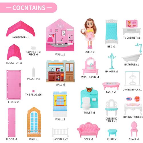  TEMI Dollhouse Dreamhouse with Dolls, DIY Cottage Pretend Play Doll House with Accessories Including Furniture and Household Items, Girl Toys for 3 4 5 6 7 Year Old