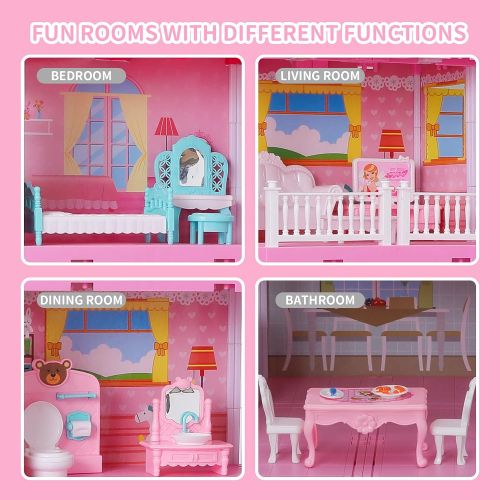  TEMI Dollhouse Dreamhouse with Dolls, DIY Cottage Pretend Play Doll House with Accessories Including Furniture and Household Items, Girl Toys for 3 4 5 6 7 Year Old