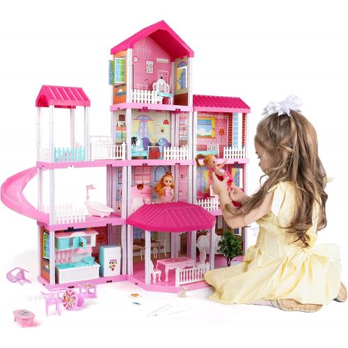  TEMI Doll House Play House with Doll Toy Figures, Furniture and Accessories, 4-Story 11 Rooms Toddler Dollhouse Gift for Kids Ages 3+, Playhouse Toys for 3 4 5 6 7 Year Old Girls