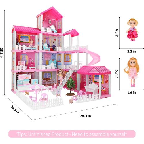  TEMI Doll House Play House with Doll Toy Figures, Furniture and Accessories, 4-Story 11 Rooms Toddler Dollhouse Gift for Kids Ages 3+, Playhouse Toys for 3 4 5 6 7 Year Old Girls