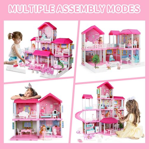  TEMI Doll House Play House with Doll Toy Figures, Furniture and Accessories, 4-Story 11 Rooms Toddler Dollhouse Gift for Kids Ages 3+, Playhouse Toys for 3 4 5 6 7 Year Old Girls