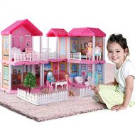 TEMI Dollhouse Dreamhouse Building Toys Figure w/ Furniture, Accessories, Stairs, Pets and Dolls, DIY Cottage Pretend Play Doll House, for Toddlers, Boys & Girls(6 Rooms)