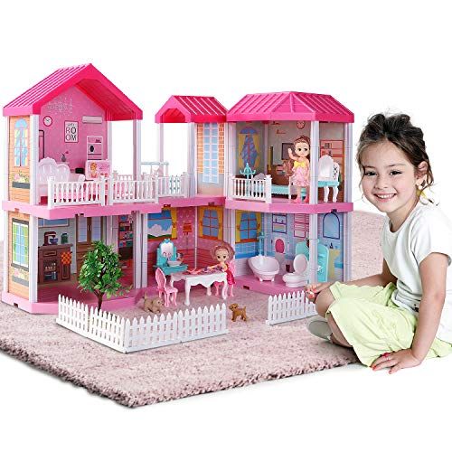  TEMI Dollhouse Dreamhouse Building Toys Figure w/ Furniture, Accessories, Stairs, Pets and Dolls, DIY Cottage Pretend Play Doll House, for Toddlers, Boys & Girls(6 Rooms)