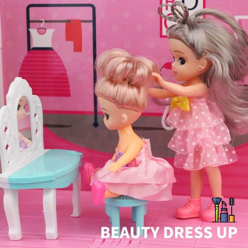  TEMI Dollhouse Dreamhouse Building Toys Figure w/ Furniture, Accessories, Stairs, Pets and Dolls, DIY Cottage Pretend Play Doll House, for Toddlers, Boys & Girls(6 Rooms)